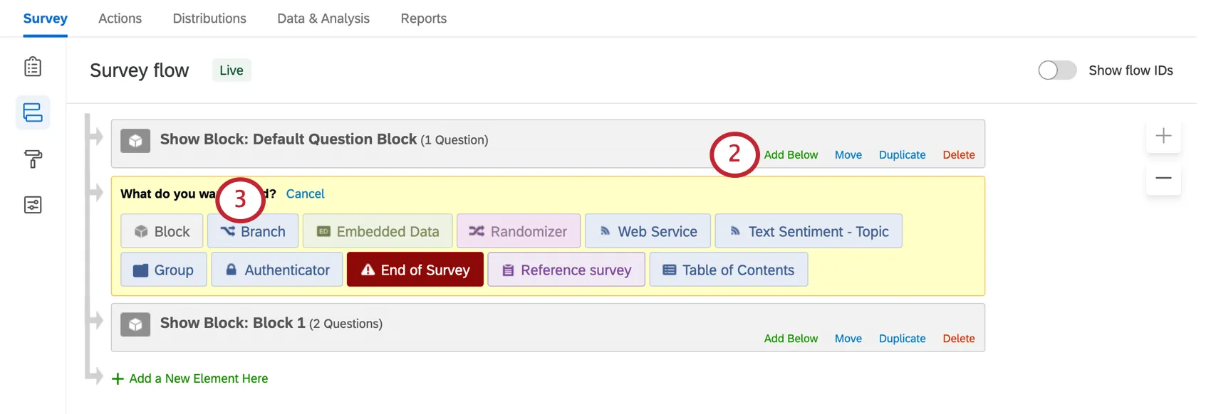 Add Below option in topmost block and Branch button within menu