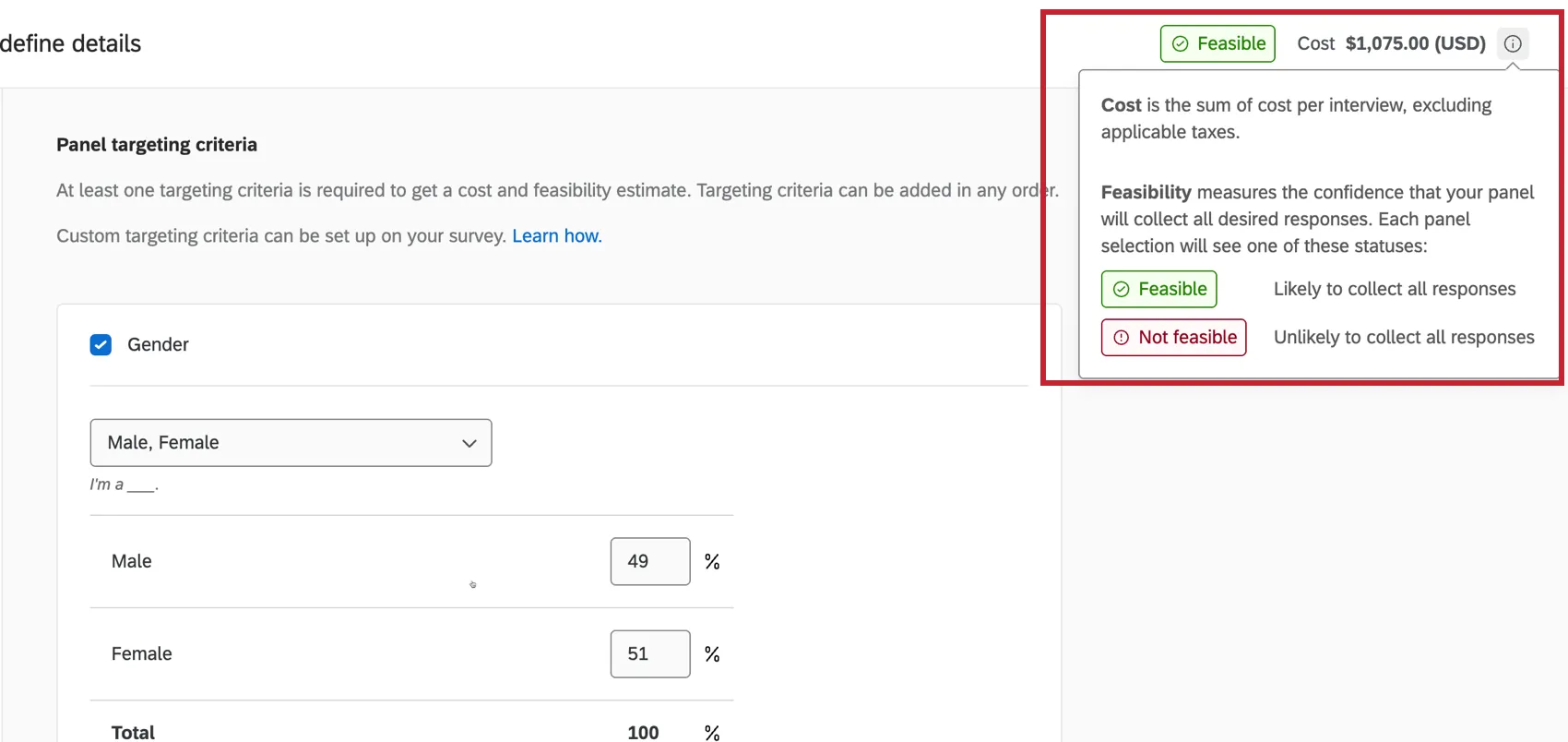 panel cost and feasibility displayed on the righthand side of the page