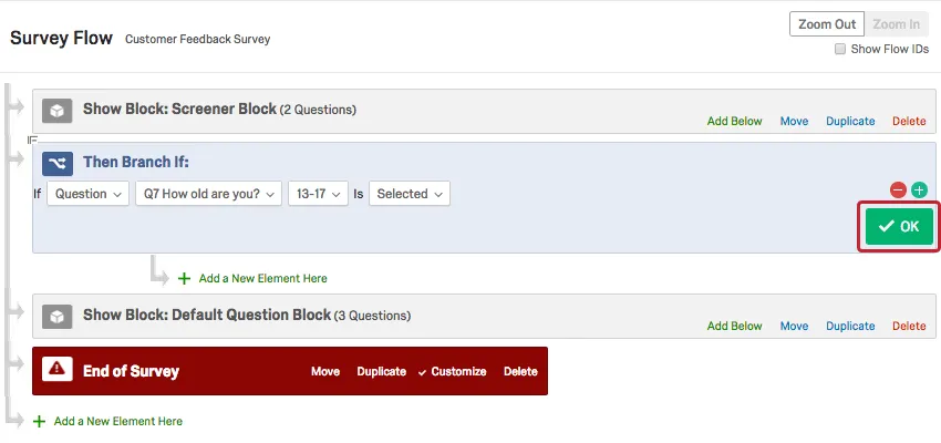 OK button for newly created Branch and Condition