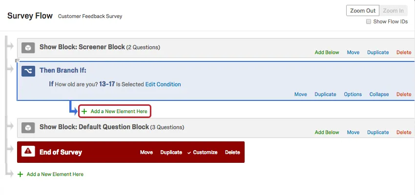 Add a New Element Here option nested underneath new Branch