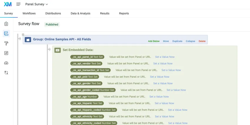 panel embedded data fields in the survey flow