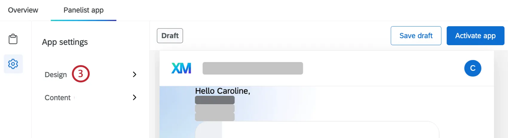 "Design" tab within the app settings section