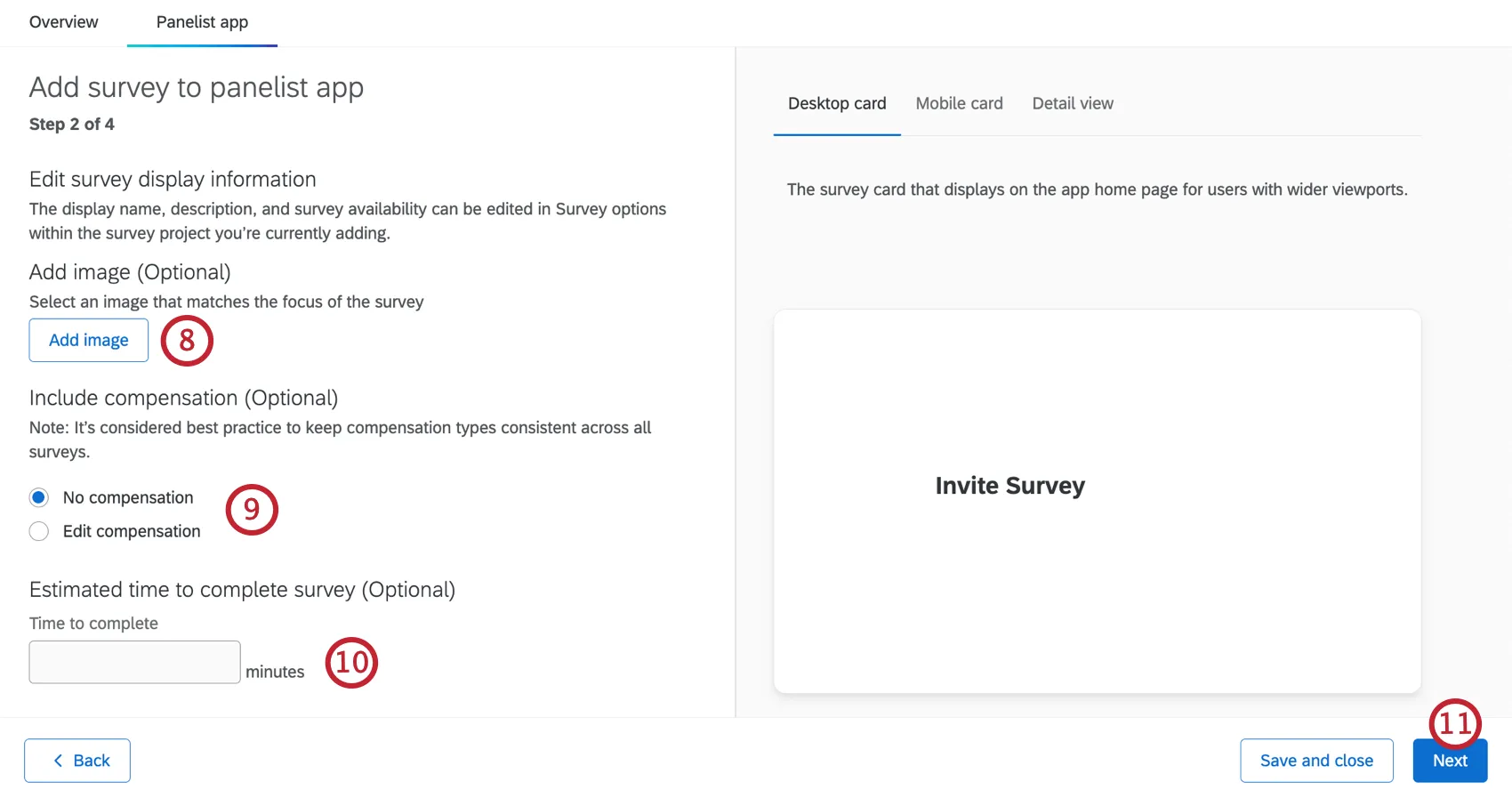 configuration options for adding a survey to the panelist app