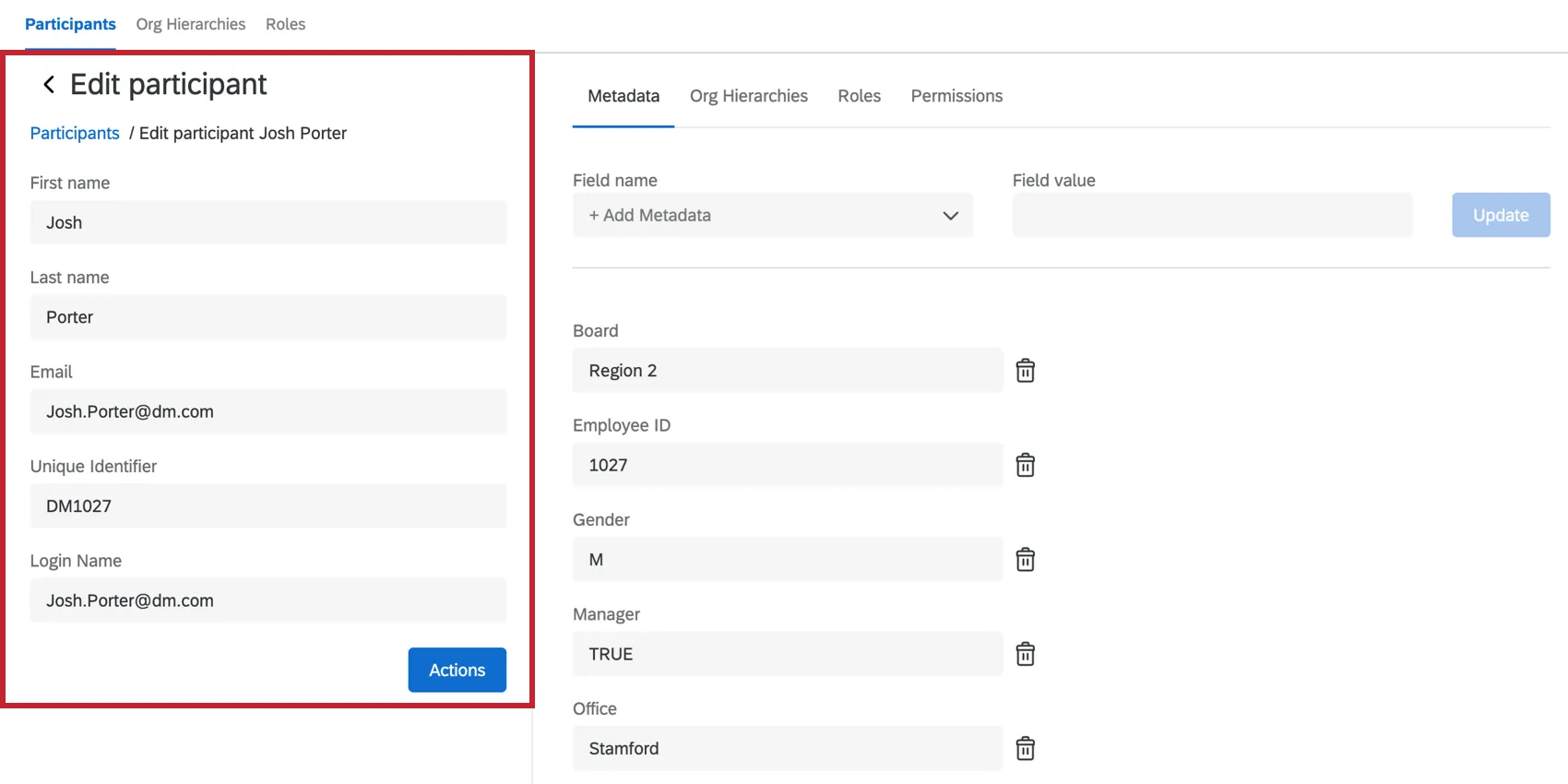 Les informations de base se trouvent à gauche de la page, sous la rubrique "Modifier le participant"