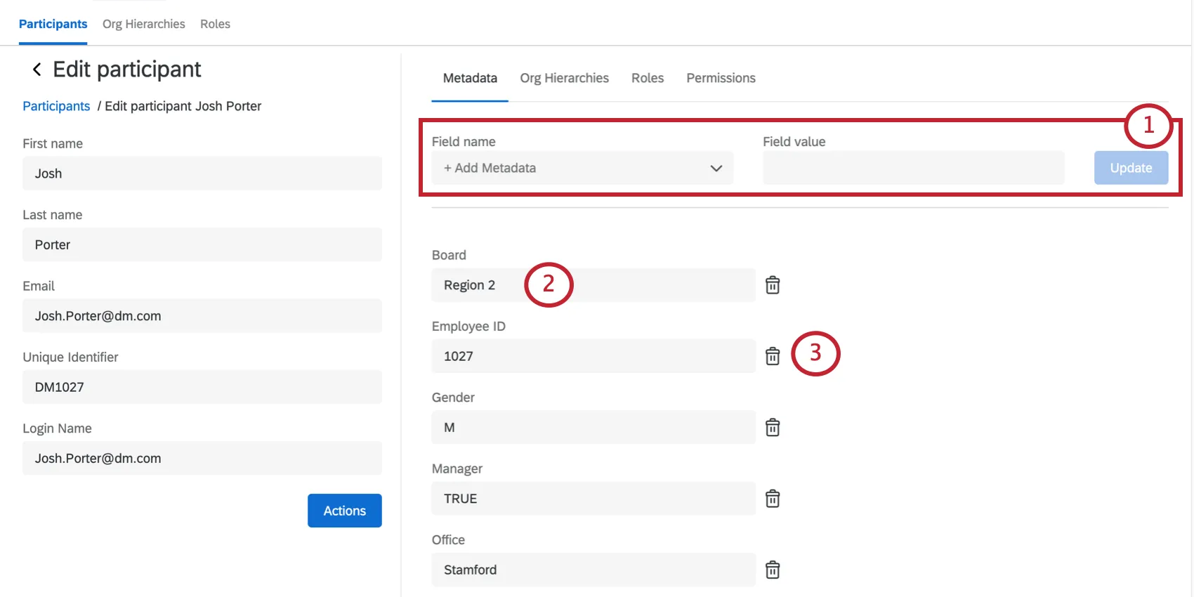 Metadata tab in the participant information window