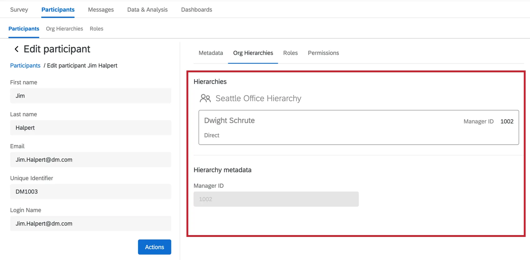 La pestaña Jerarquías de la organización de la ventana