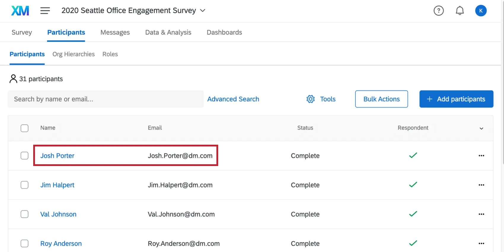 A participant selected on the Participants tab