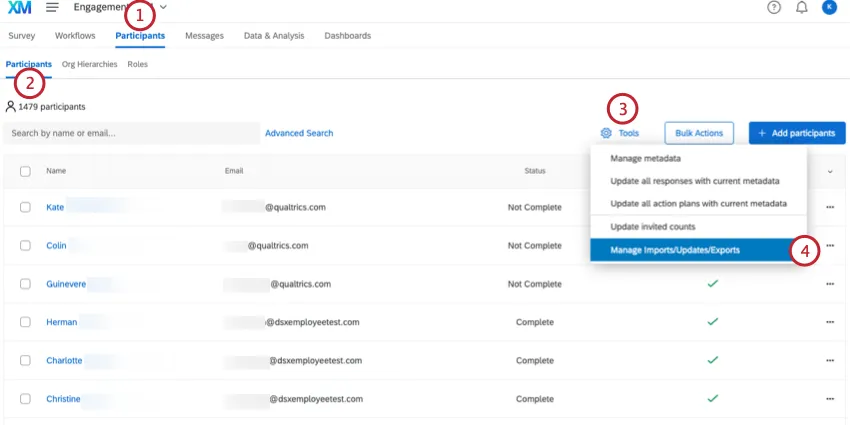 Navigating to the Manage Imports/Updates/Exports section in the Participants section
