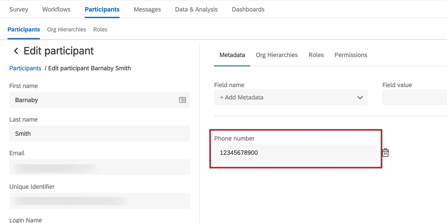 lors de lédition des métadonnées dun participant, le participant dispose dun champ Numéro de téléphone