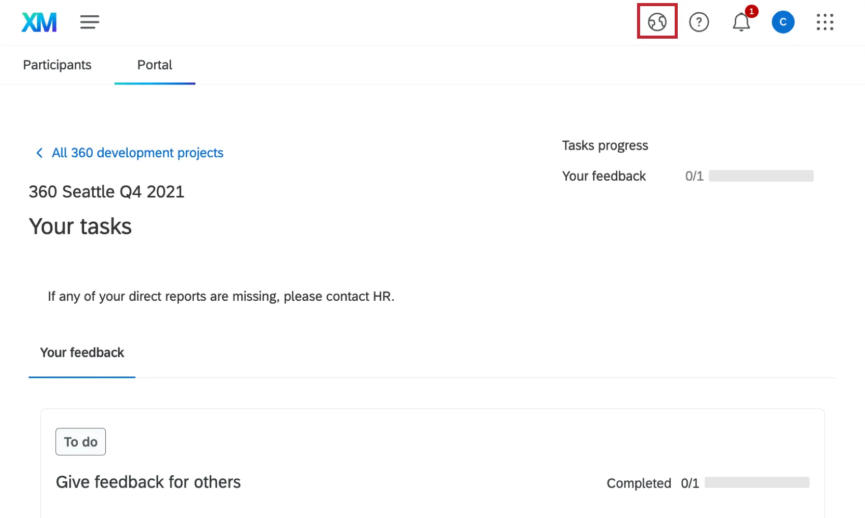 the participant portal. The globe icon for switching languages is in the top right hand corner