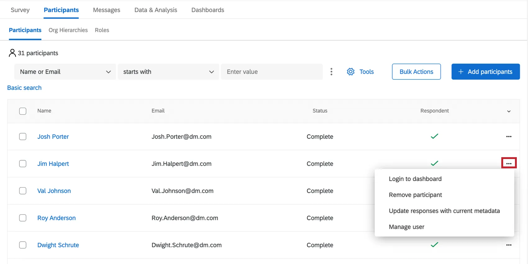 Clicking the dropdown arrow to the far right of a participant to reveal more options