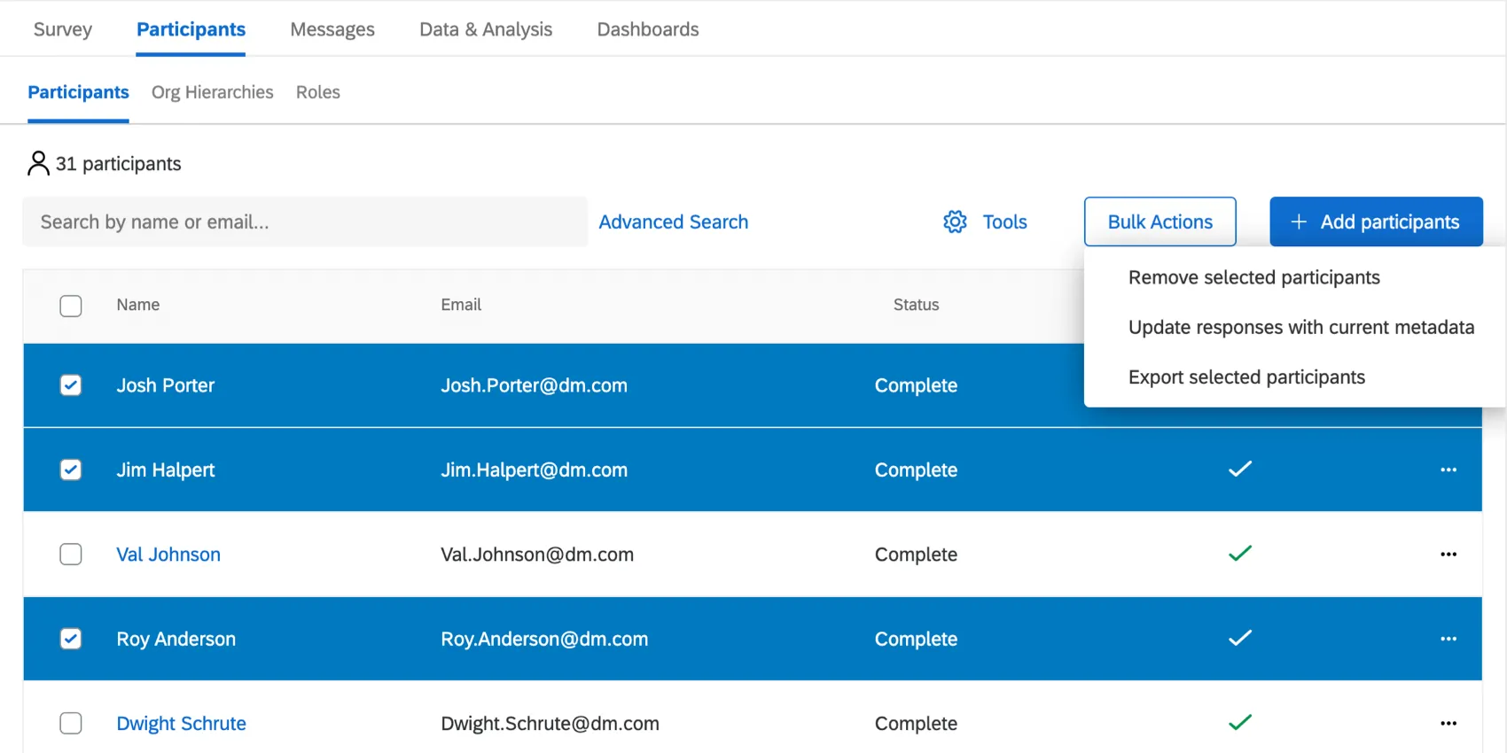 Several participants are selected, and a dropdown on the top-right of them is expanded to reveal options on managing them as a group