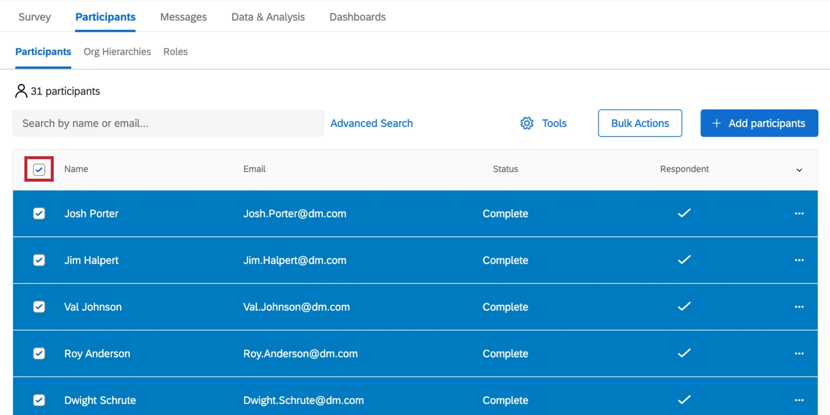 All participants are selected by clicking the checkbox to the top-left of them.