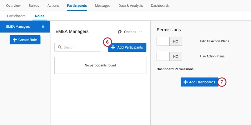 Button for adding participants, center. Right, button for adding dashboards