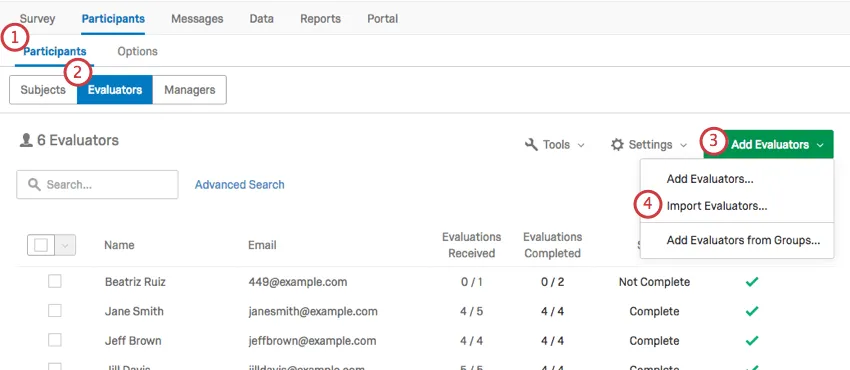 Selecting the Import Evaluators option from the Add Evaluators dropdown menu