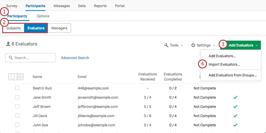 Selecting the Import Evaluators/Subjects button in the Add Evaluators/Subjects dropdown menu