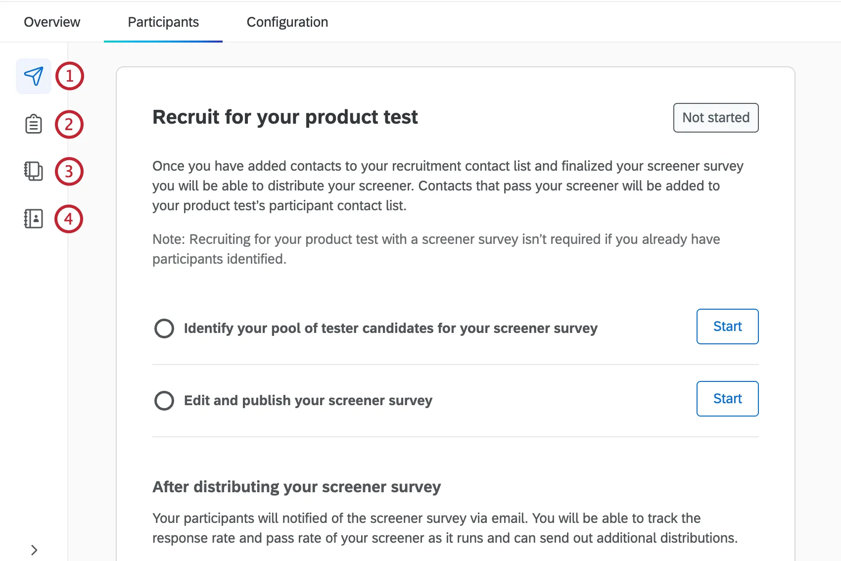 sub sections within the participants tab of a product test