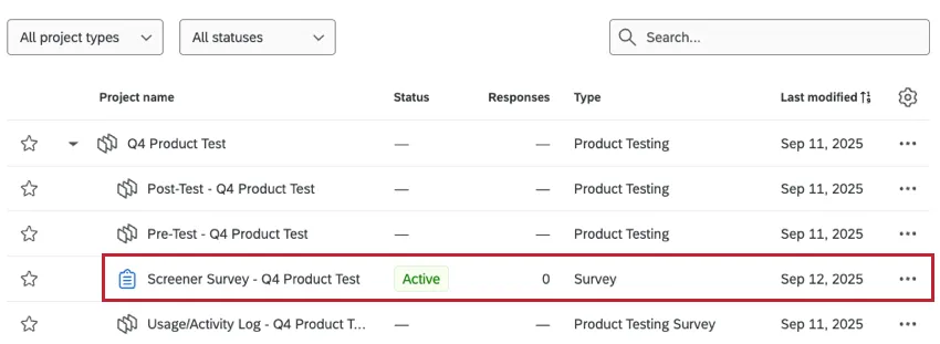 screener survey within the projects page