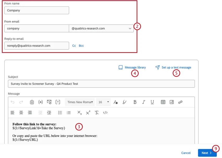 campi da compilare per linvito al sondaggio tramite e-mail