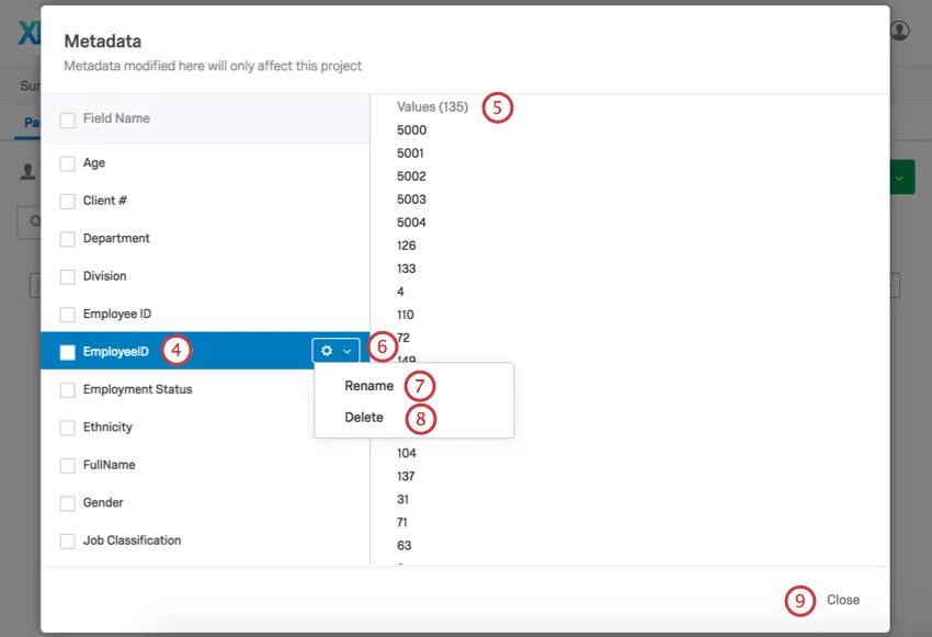 Managing metadata in the metadata pop up window