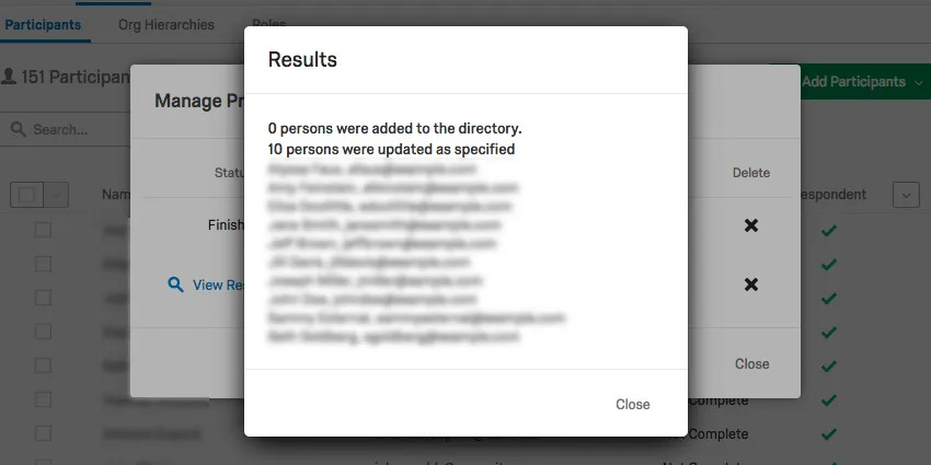 Results window explains how many persons were added or updated