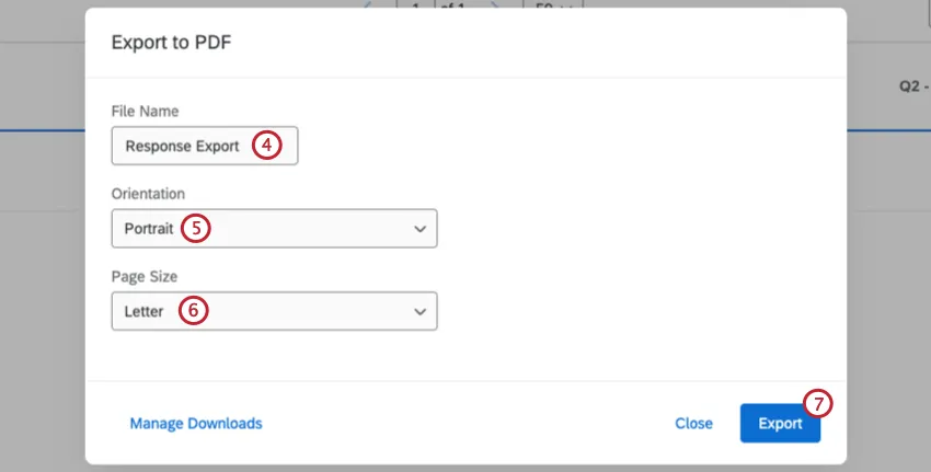 additional options when exporting a response to pdf