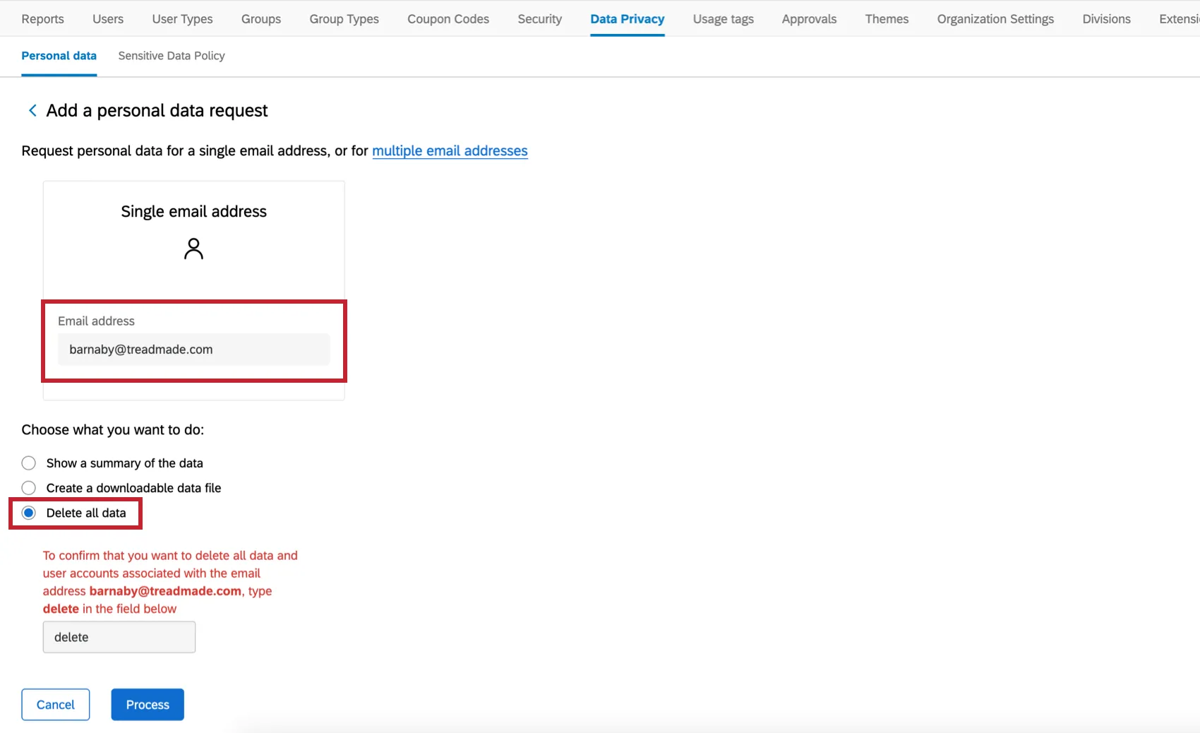 email address field filled out, delete all data selected. below that is a button to process the request