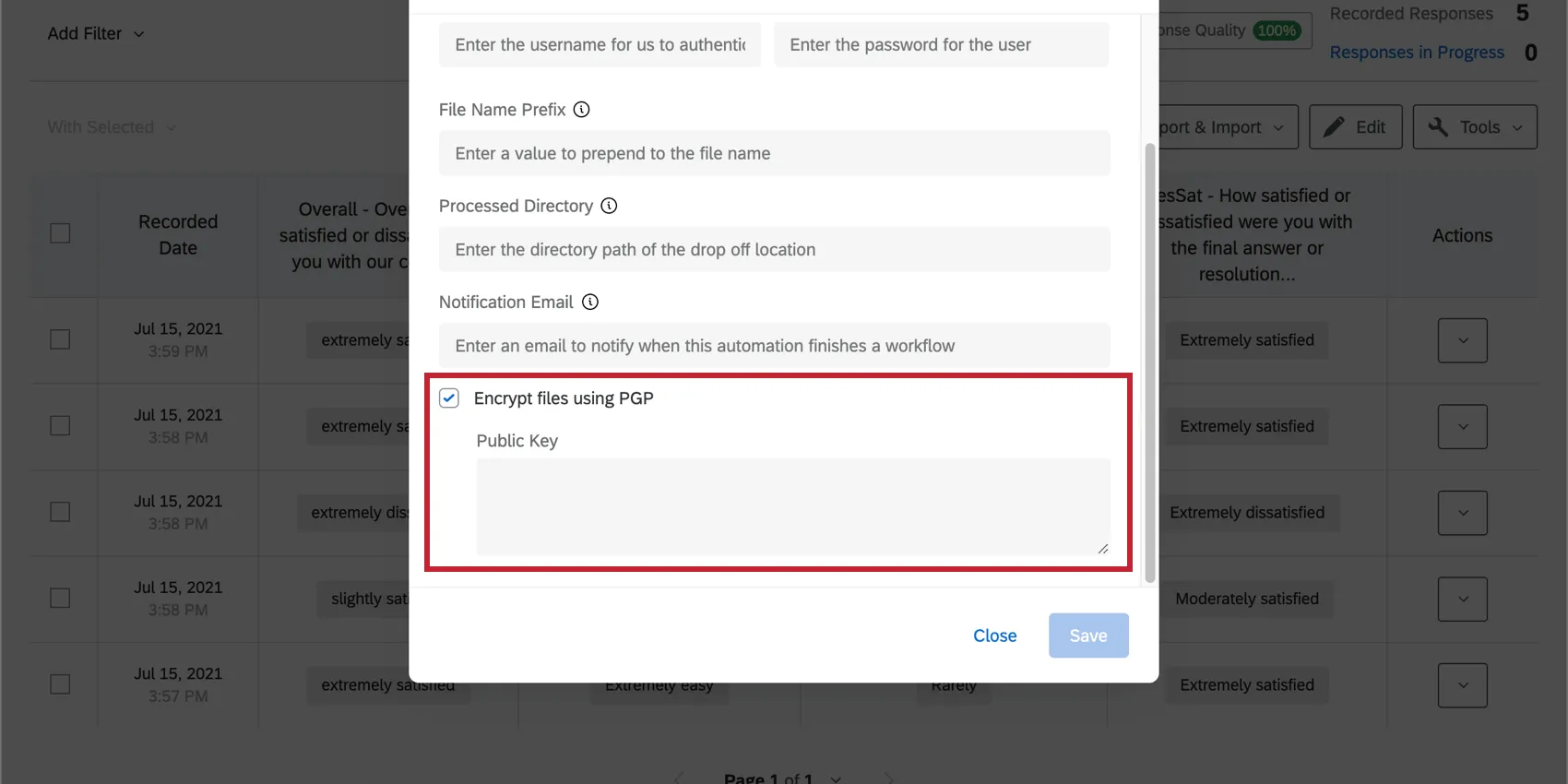 Image of a response export automation with the field where the key can be pasted is expanded