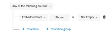 回答者が埋め込みデータフィールド、電話に値を持つ場合にアクションが実行されるように設定されたアクション条件画像