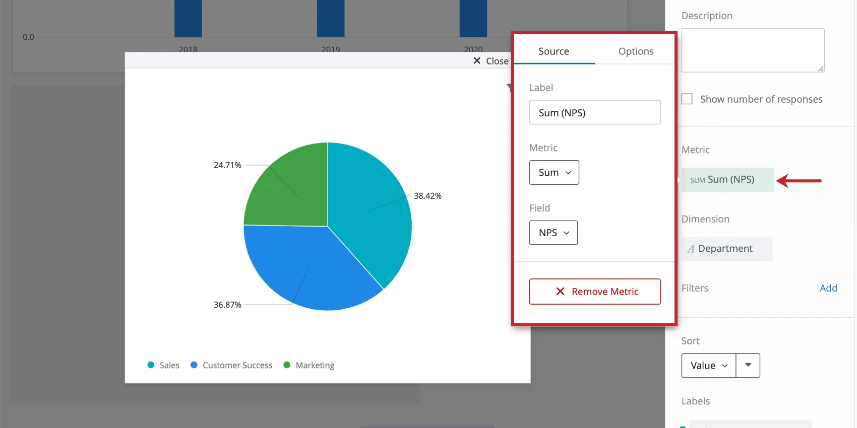 Configuración de métricas en un gráfico circular ampliado para mostrar las opciones de origen
