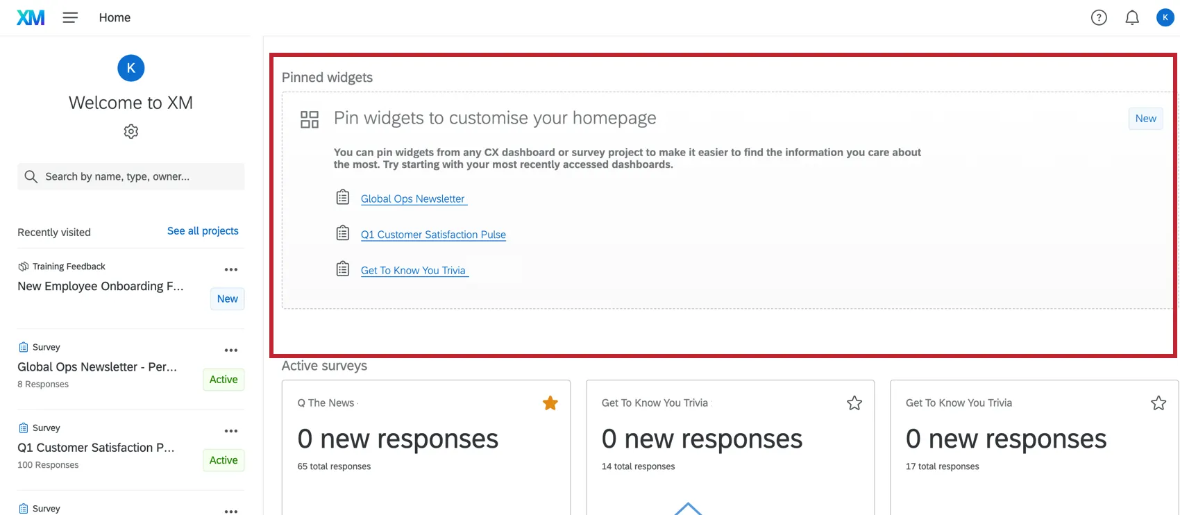 Grauer Bereich oben auf der Startseite, in dem angeheftete Widgets hinzugefügt werden können
