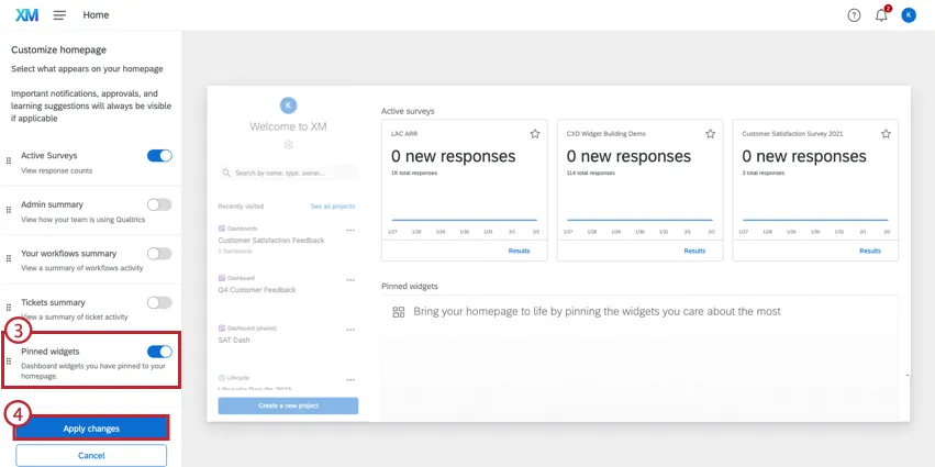 Imagen de las opciones de la página de inicio: los widgets anclados están activados, por lo que el interruptor es azul