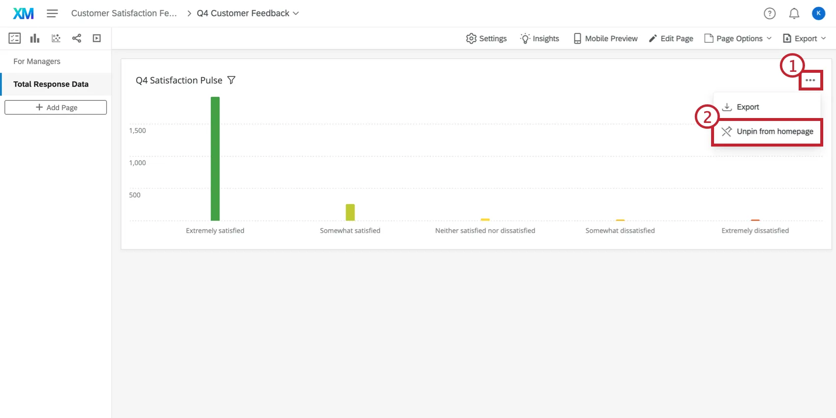 Unpin button on the dashboard