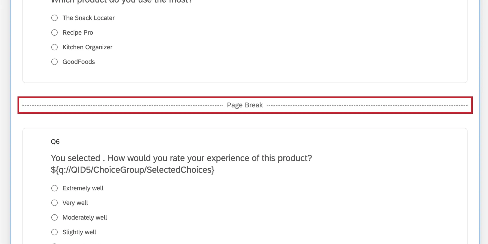 Duas perguntas com uma quebra de página entre elas, que se parece com uma linha pontilhada com o rótulo Quebra de página