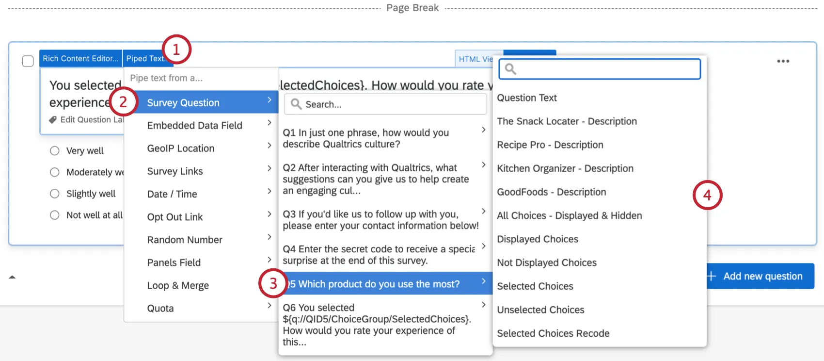 Survey Question is selected form the piped text menu, revealing multiple choice options in addition to others