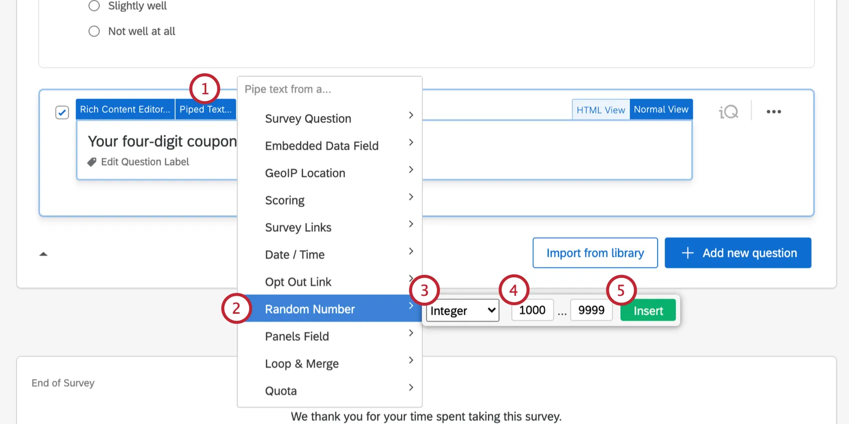 Random number generator piped text menu. Fields for minimum and maximum.