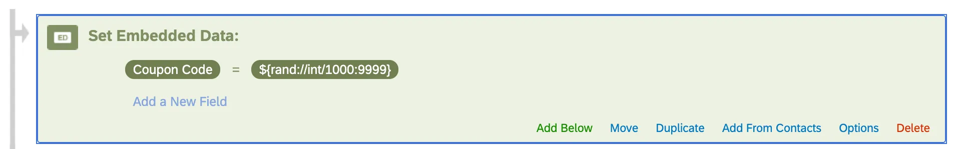 Um elemento dados integrados definido igual ao texto transportado do gerador de números aleatórios, salvando efetivamente o número no Qualtrics