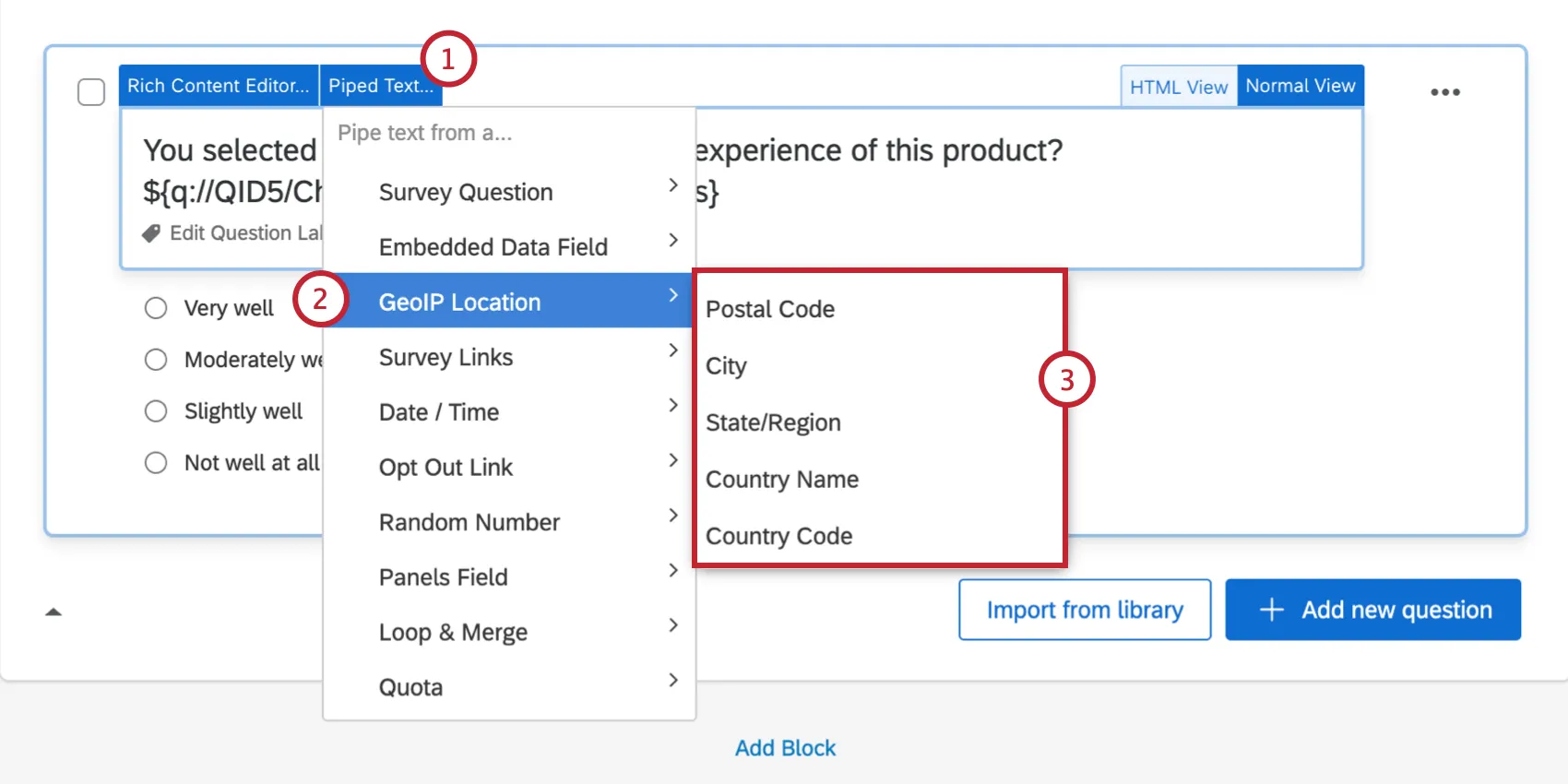 Menu GeoIP Texte inséré avec le code postal, la ville, la région, lindicatif régional, le nom du pays et le code du pays