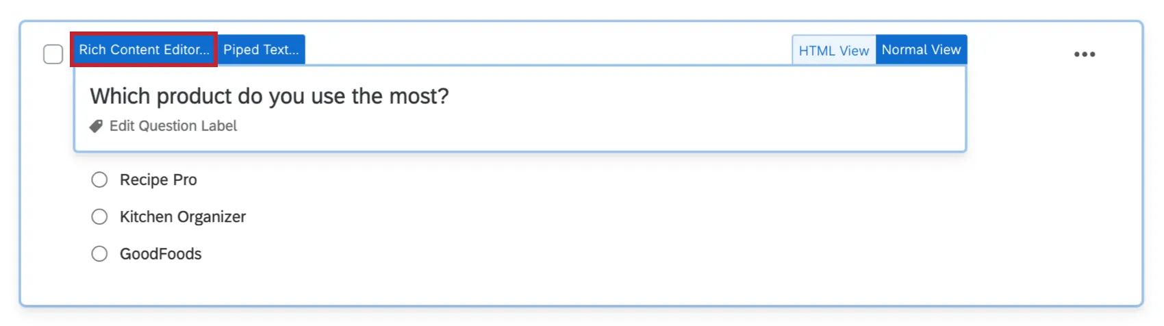 After clicking on the question text, the Rich Content Editor button appears in the upper left