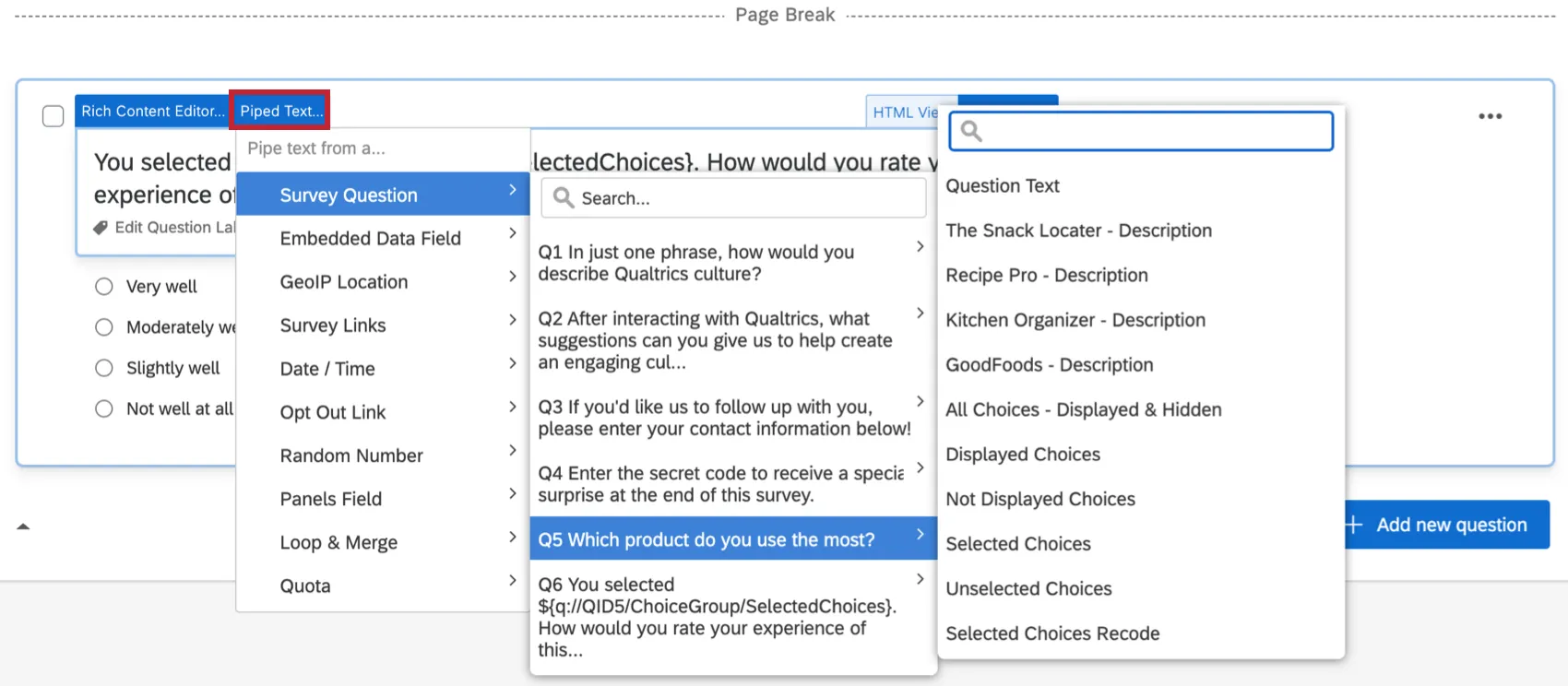 The Piped Text menu is expanded
