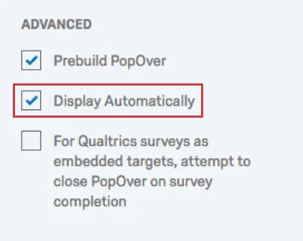 Opção Exibir automaticamente selecionada em Opções avançadas