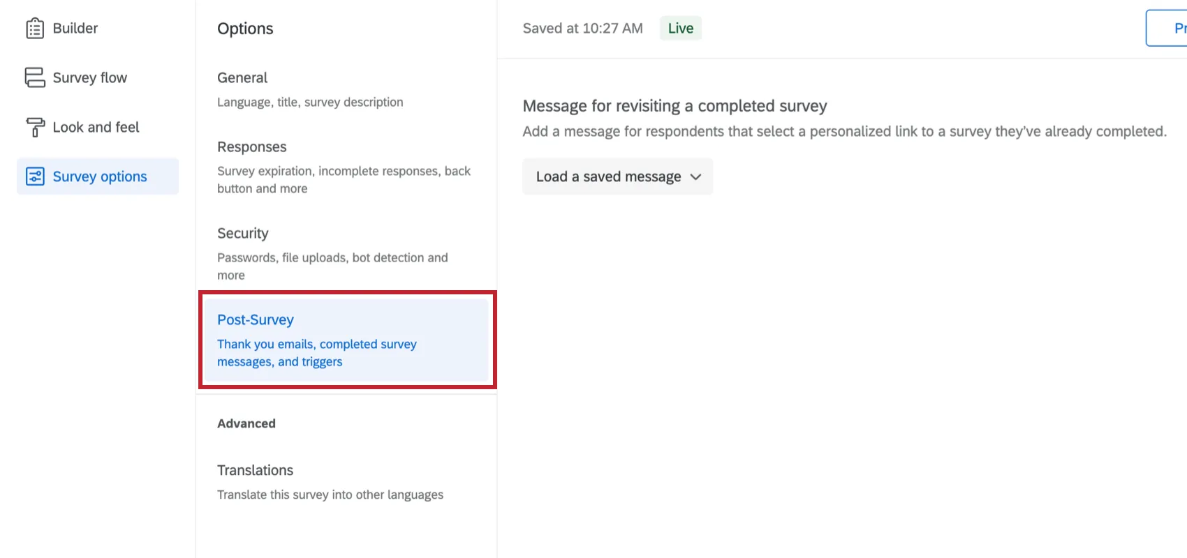 Post-survey section of survey options