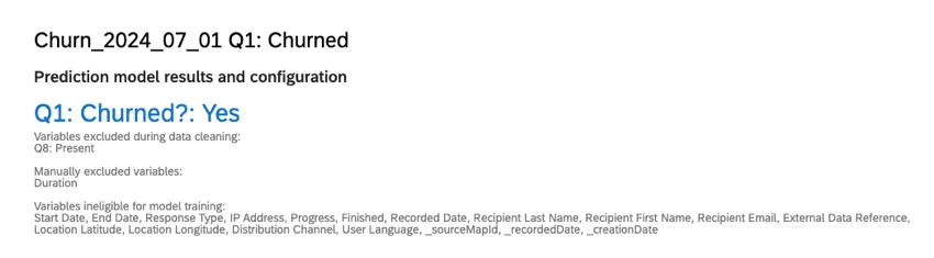 The prediction model results and configuration section has a blue "churn" label that displays the name of your churn embedded data field