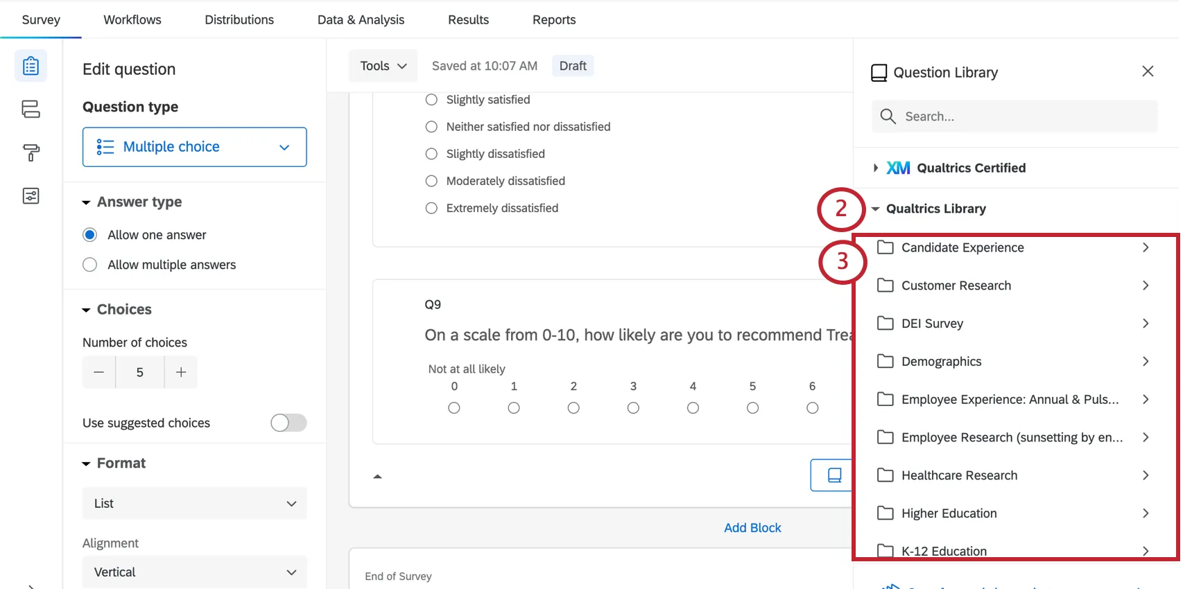 Image of menu opening to right, expanding Qualtrics library, then selecting one of the folders listed