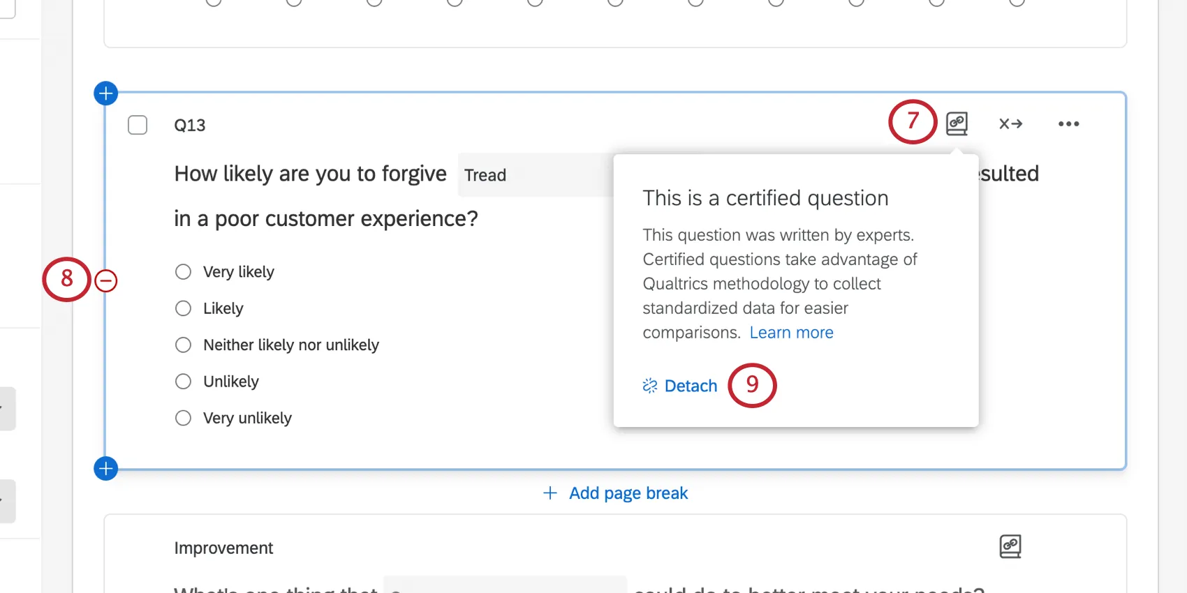 Image of an icon in the upper-right of certified questions, which looks like a linked book. The infotip that opens when you click it says, "This is a certified question. This questions was written by experts. Certified questions take advantage of Qualtrics methodology to collect standardized data for easier comparisons."