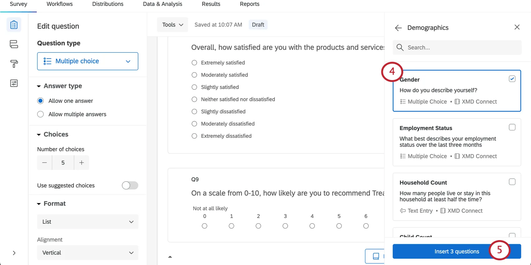 Image de la question sélectionnée dans le menu et du bouton dinsertion en bas de page