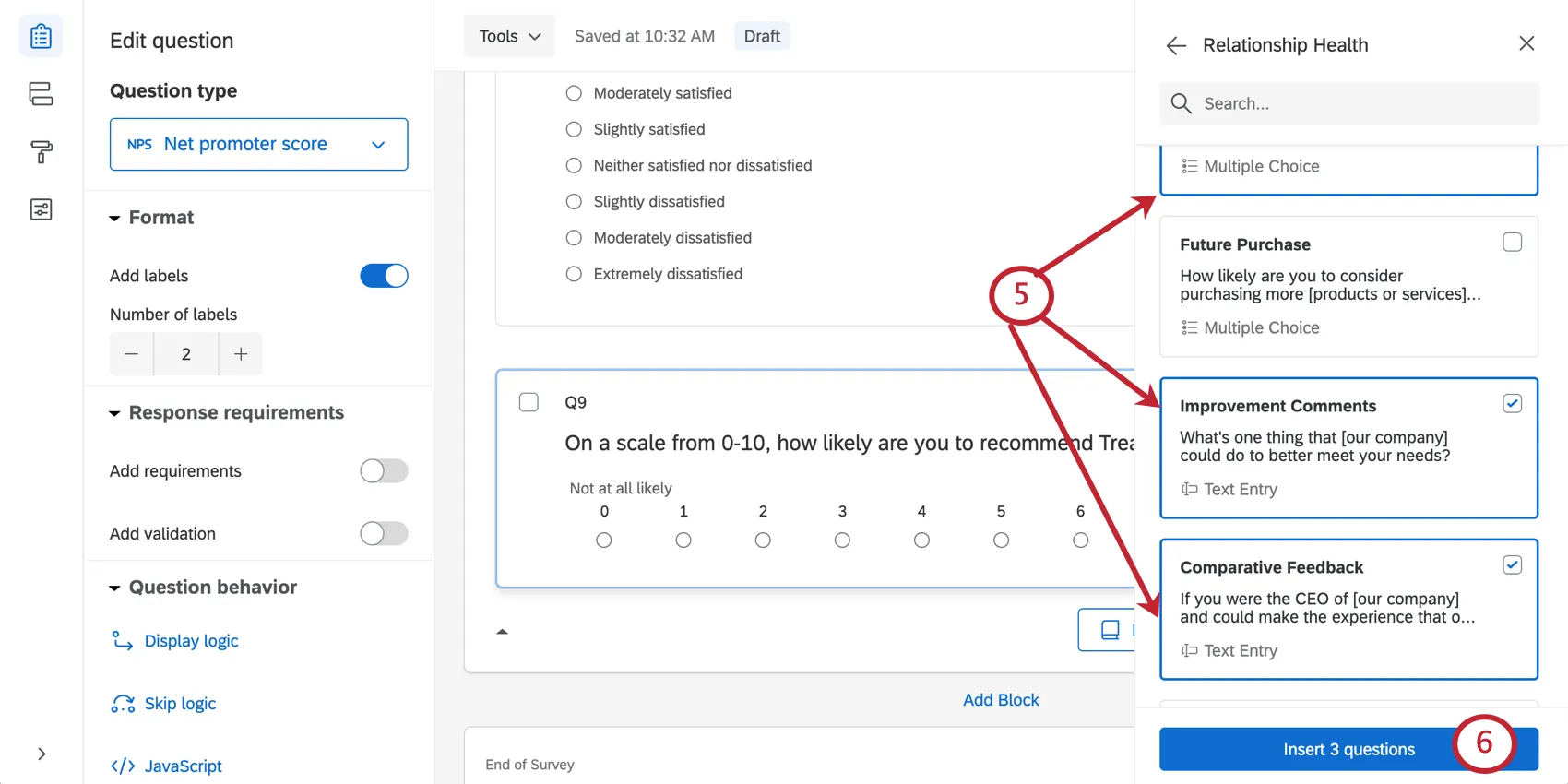 Picture of question selected in menu and the insert button at the bottom