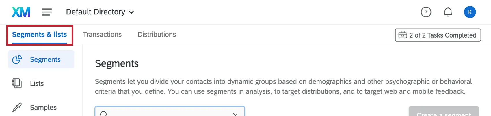 A picture of the segments and lists tabs, which contains a section for segments, lists, and samples listed off to the left