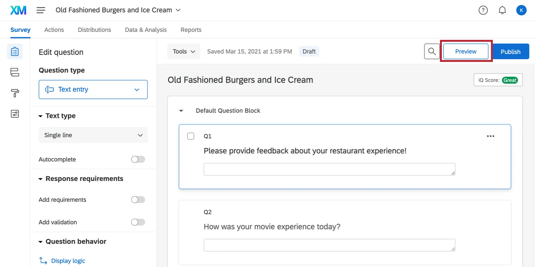 image of the Preview button in the survey tab
