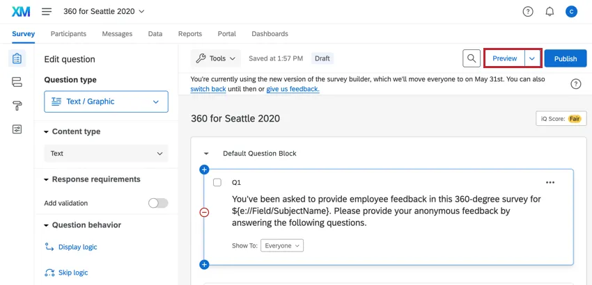 the preview button in the survey builder